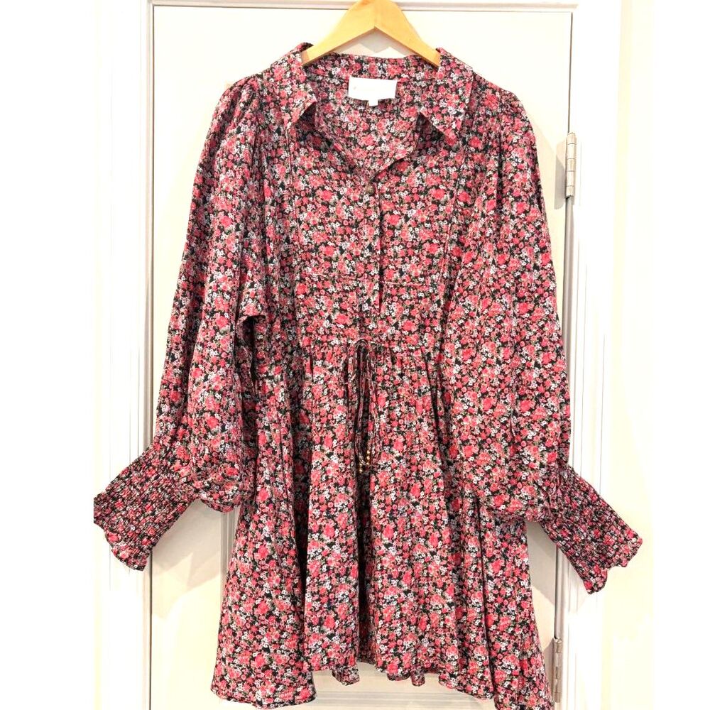 La Bohème Pink Micro Floral Babydoll Mini Dress Linen Size S/M